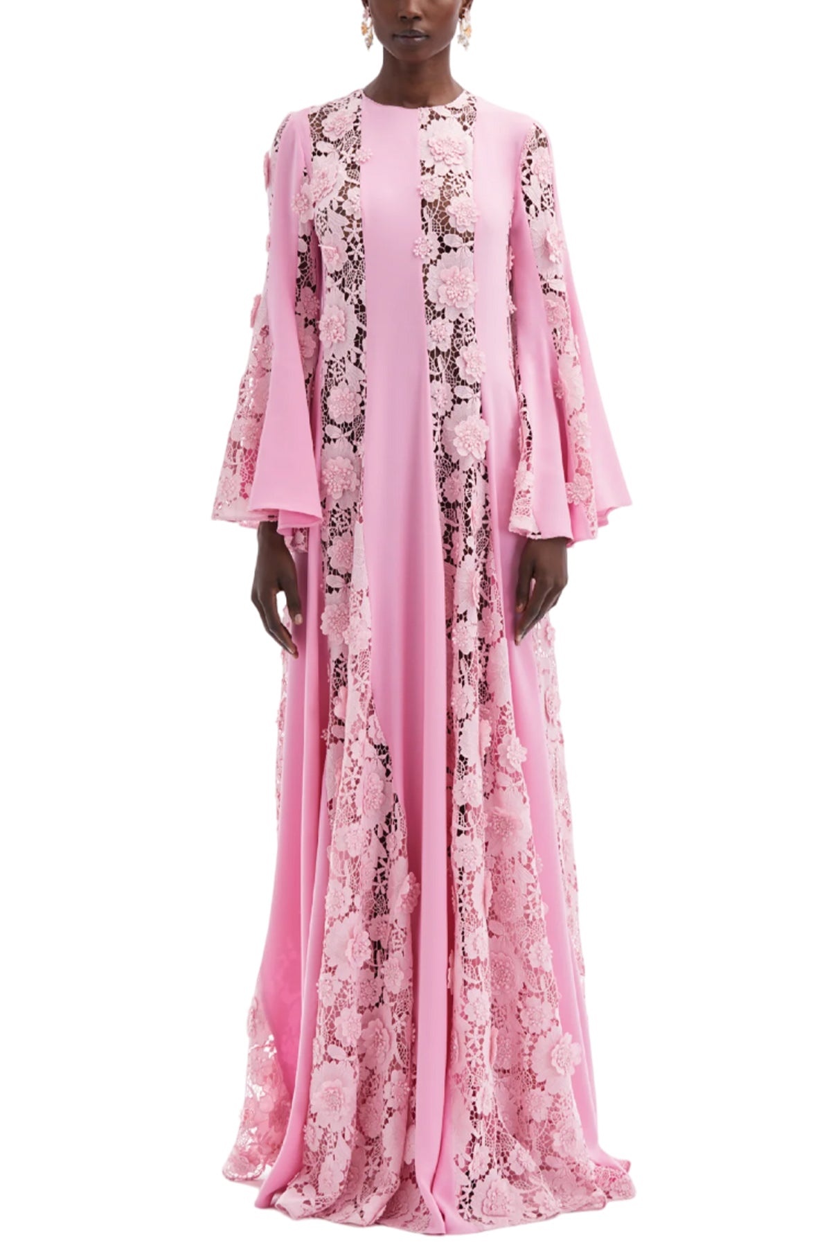 Oscar de la Renta FLARE SLEEVE FLORAL GUIPURE GEORGETTE CAFTAN