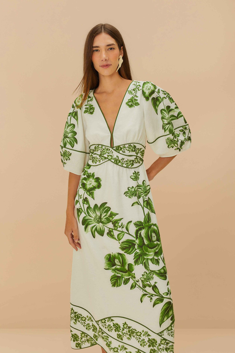 Off-White Green Floral Cascade Lenzing™ Ecovero™ Euroflax™ Midi Dress 3
