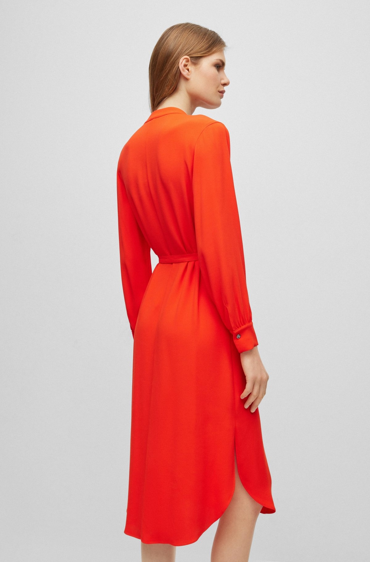 BELTED DRESS WITH COLLARLESS V NECKLINE AND BUTTON CUFFS - 6