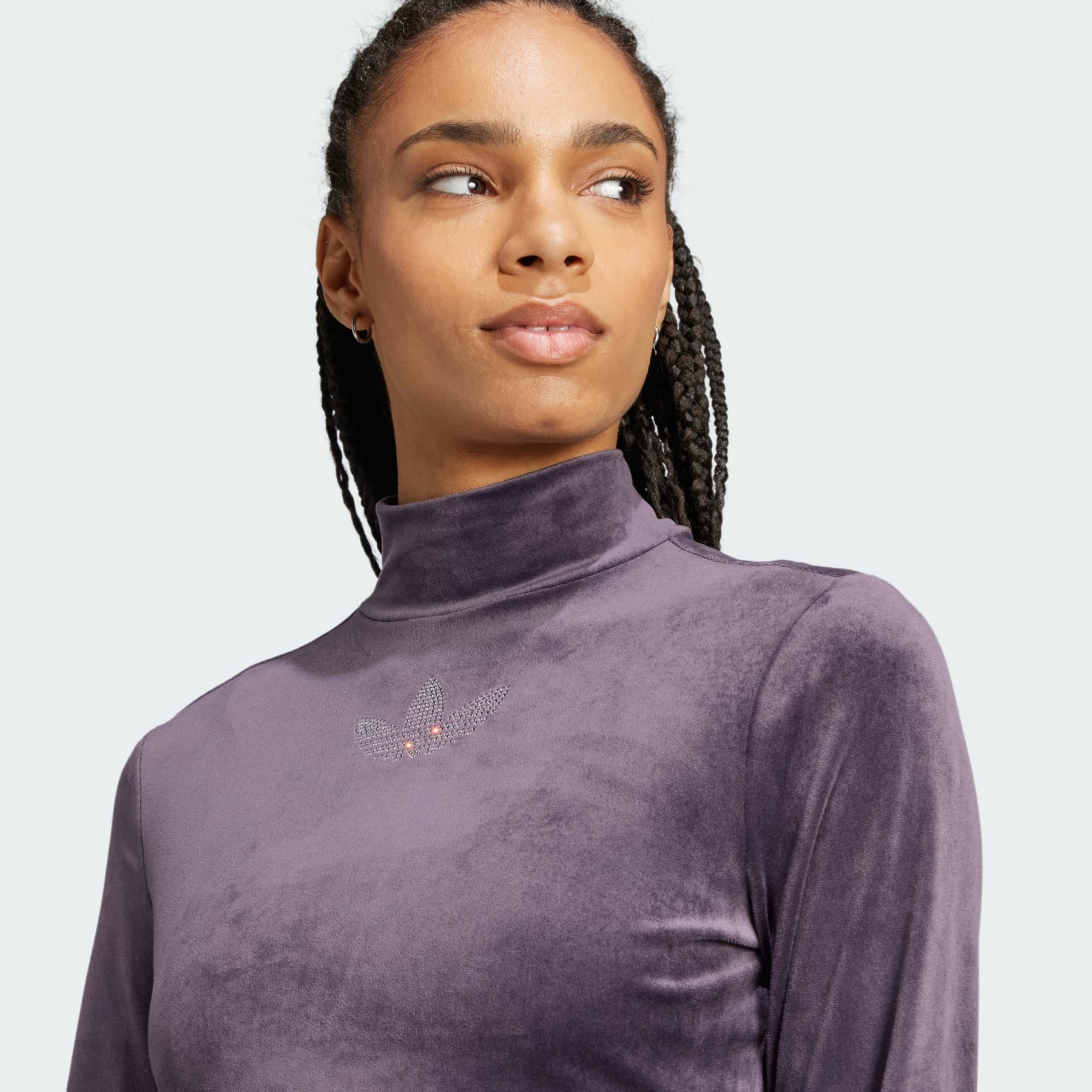 Long Sleeve Rhinestone Trefoil Velvet Crop Top - 5