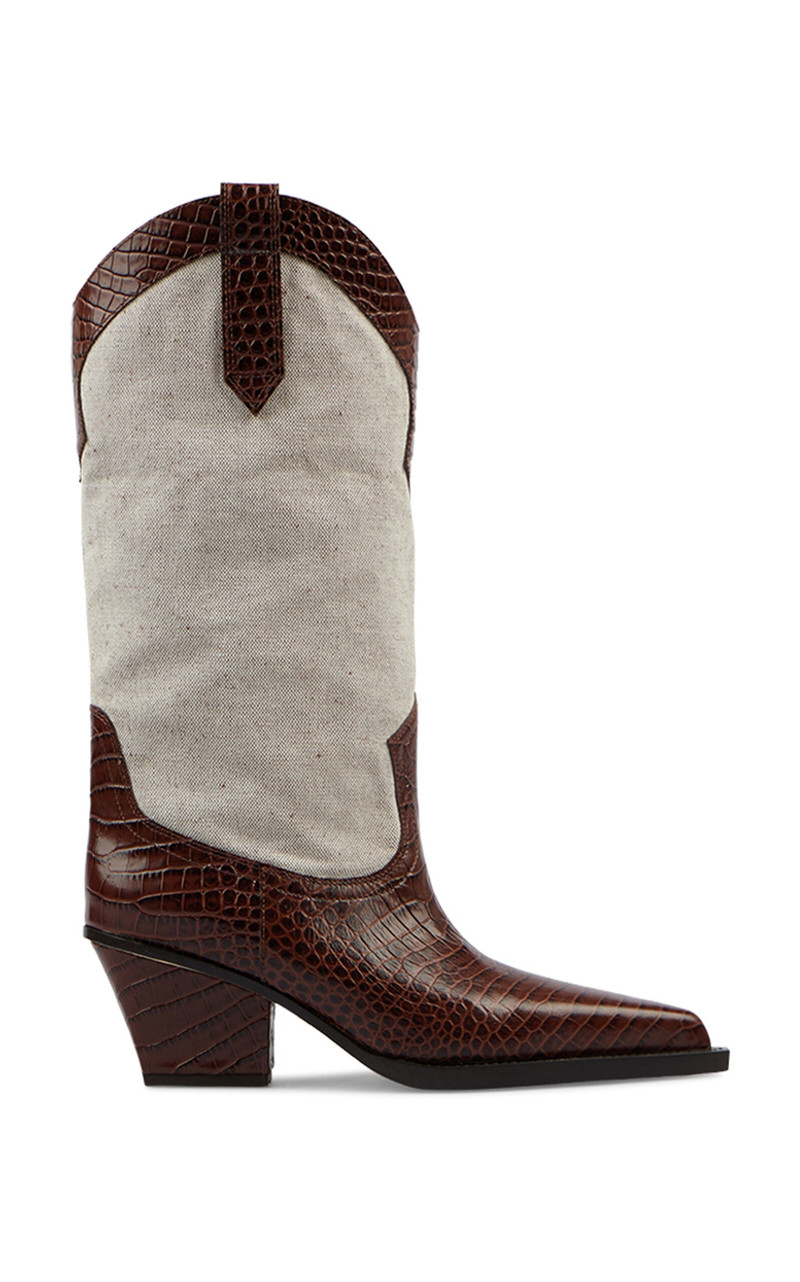 PARIS TEXAS Rosario Leather-Trimmed Canvas Western Boots brown outlook