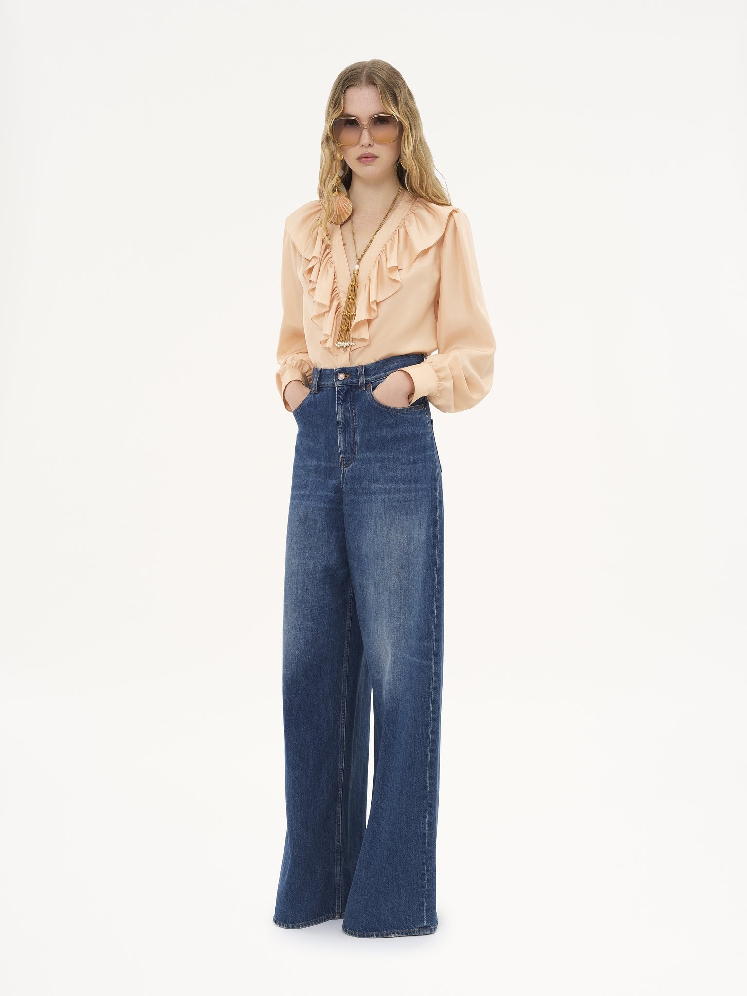 V-NECK RUFFLED BLOUSE IN SILK HABOTAI - 3