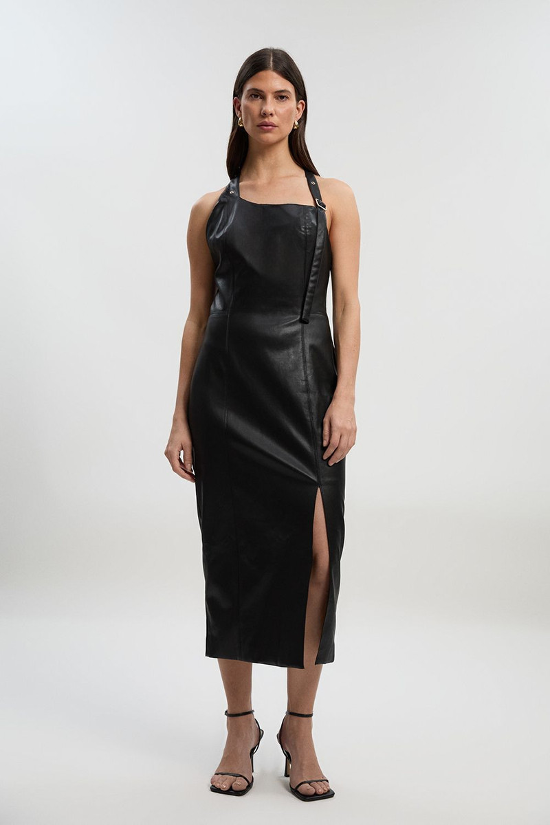 KAREN MILLEN Faux Leather Strappy Buckle Pencil Midi Dress outlook