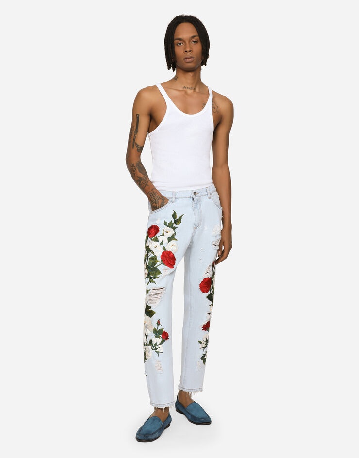 Loose light blue jeans with floral embroidery - 2