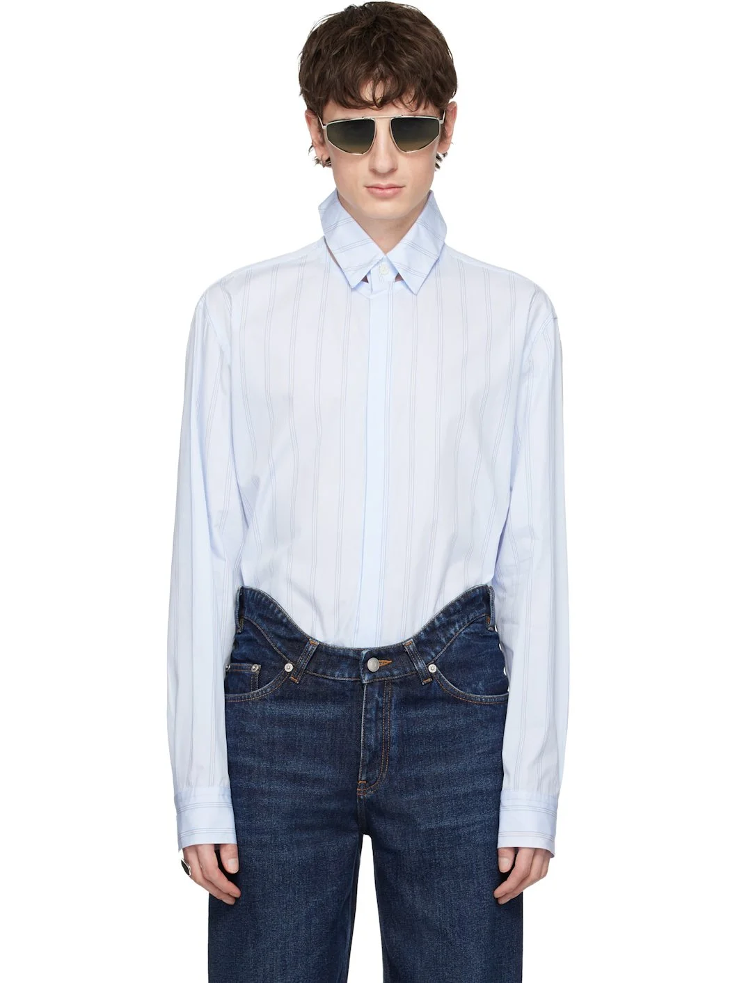 Blue Pinstriped Floating Collar Shirt - 1