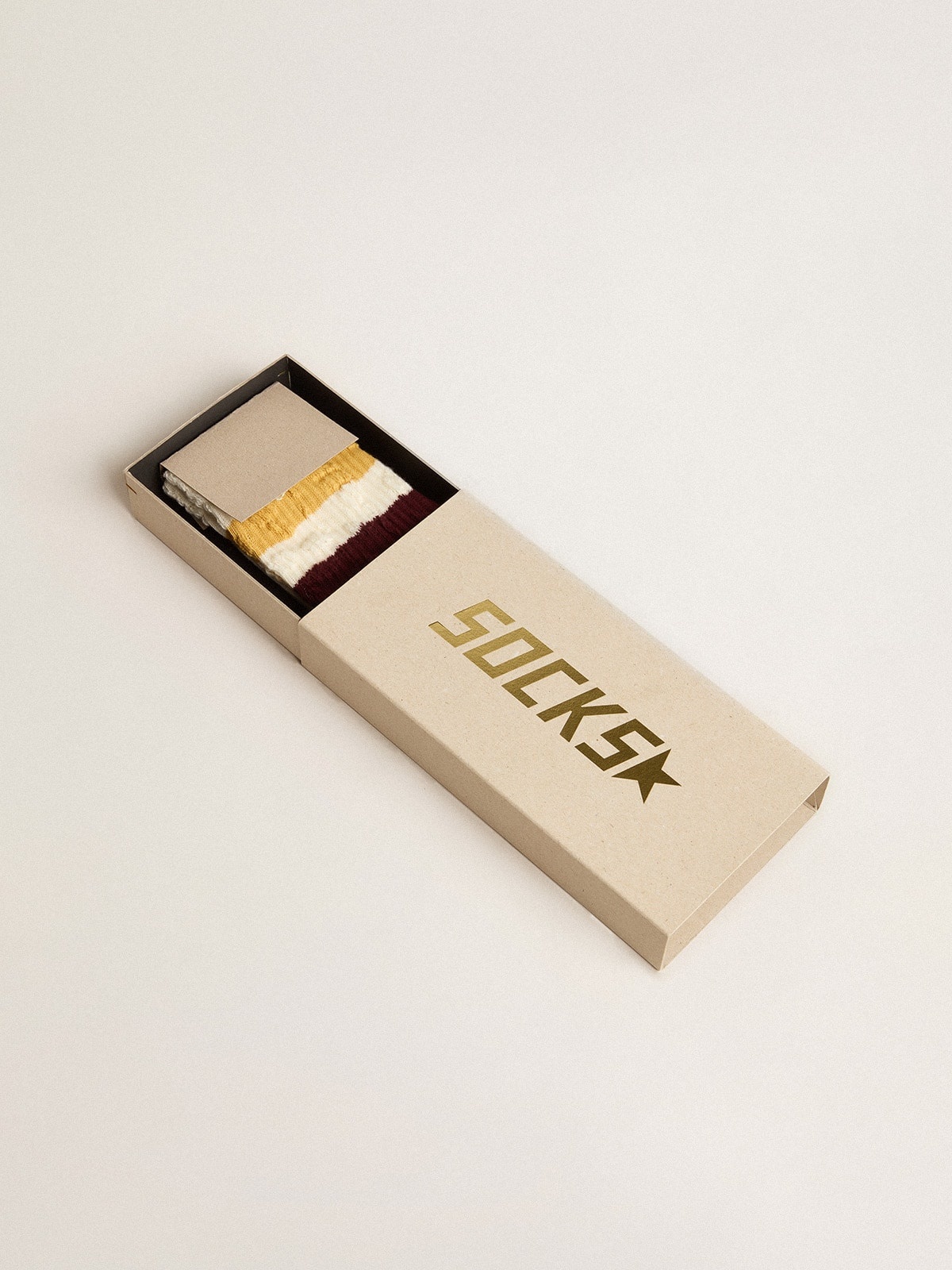 Worn white with distressed details and two-tone mustard and burgundy stripes - 2