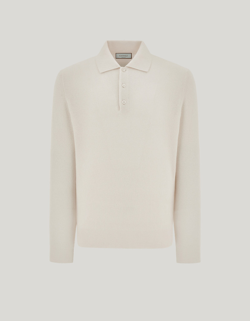 CREAM WOOL AND CASHMERE POLO SHIRT WITH LAMBSKIN DETAILS 1