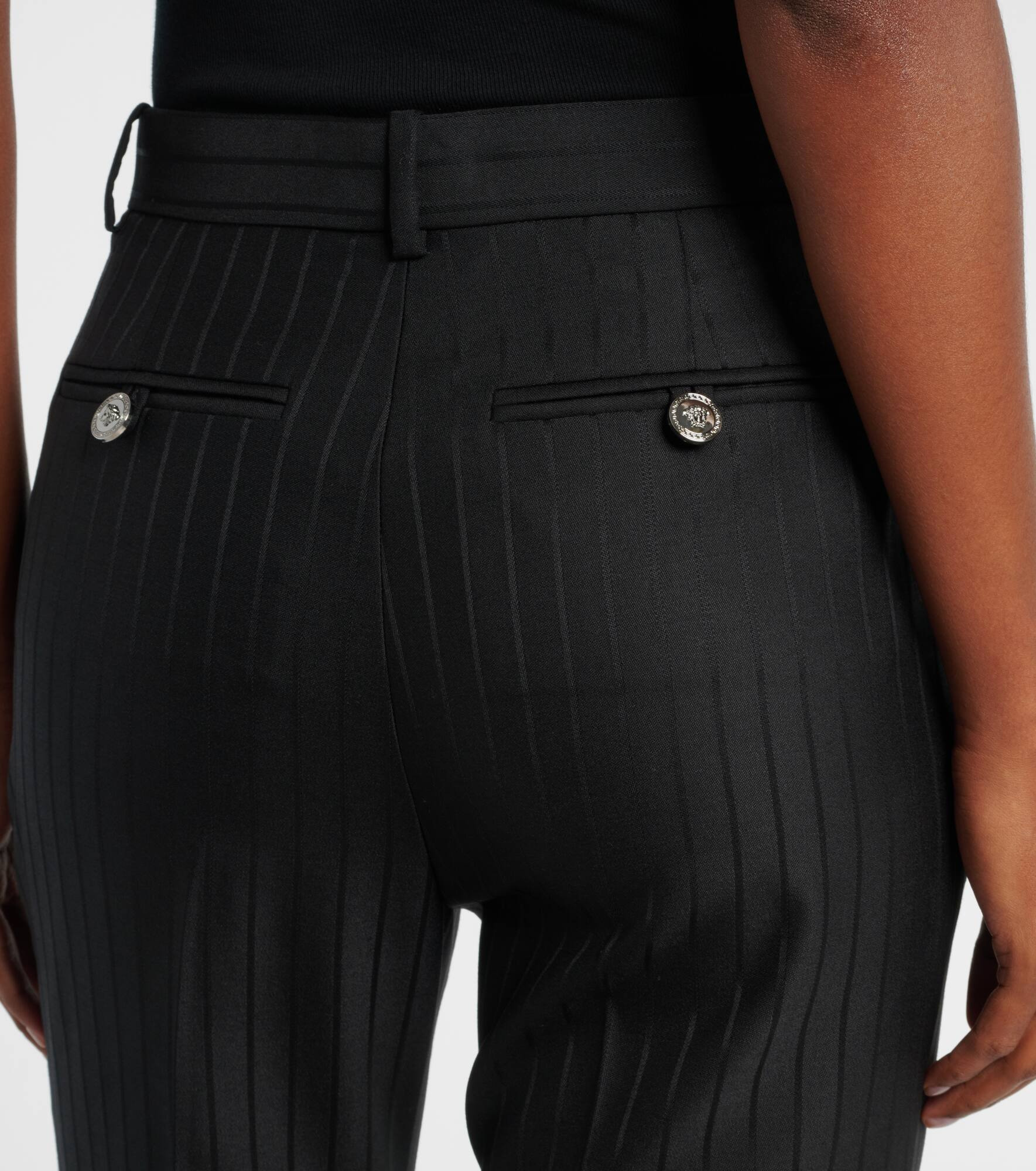 Embellished pinestripe wool flared pants - 6