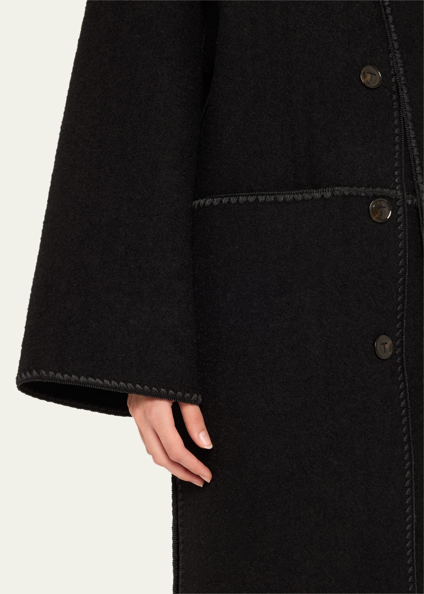 Fringe Embroidered Scarf Wool Coat - 5