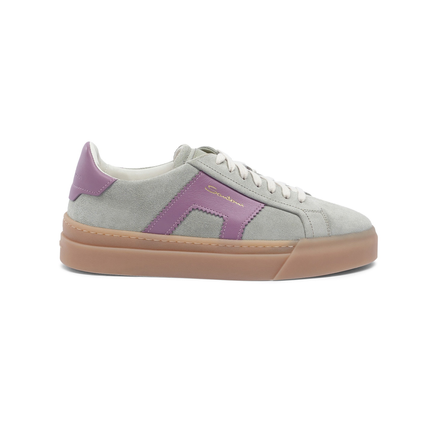 Women's green and purple suede and leather double buckle sneaker - 1