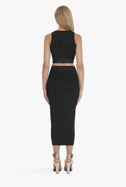 Long black knit and lurex high-waisted skirt with gold-tone buttons - 3