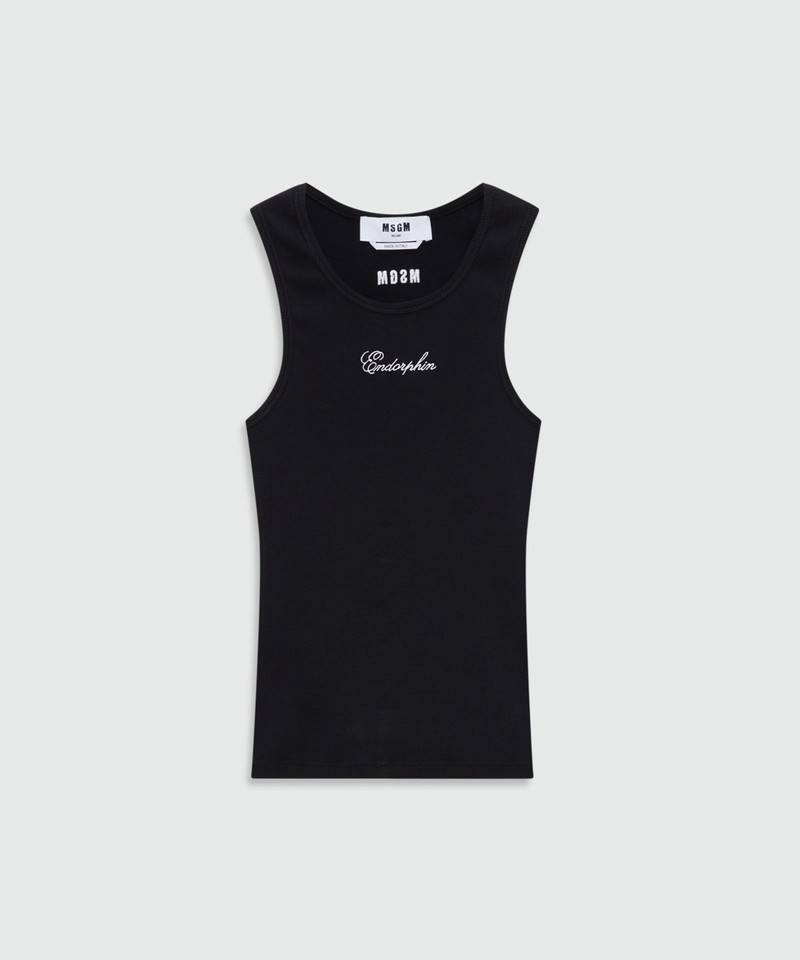 Black cotton ribbed tank top with front embroidery 1