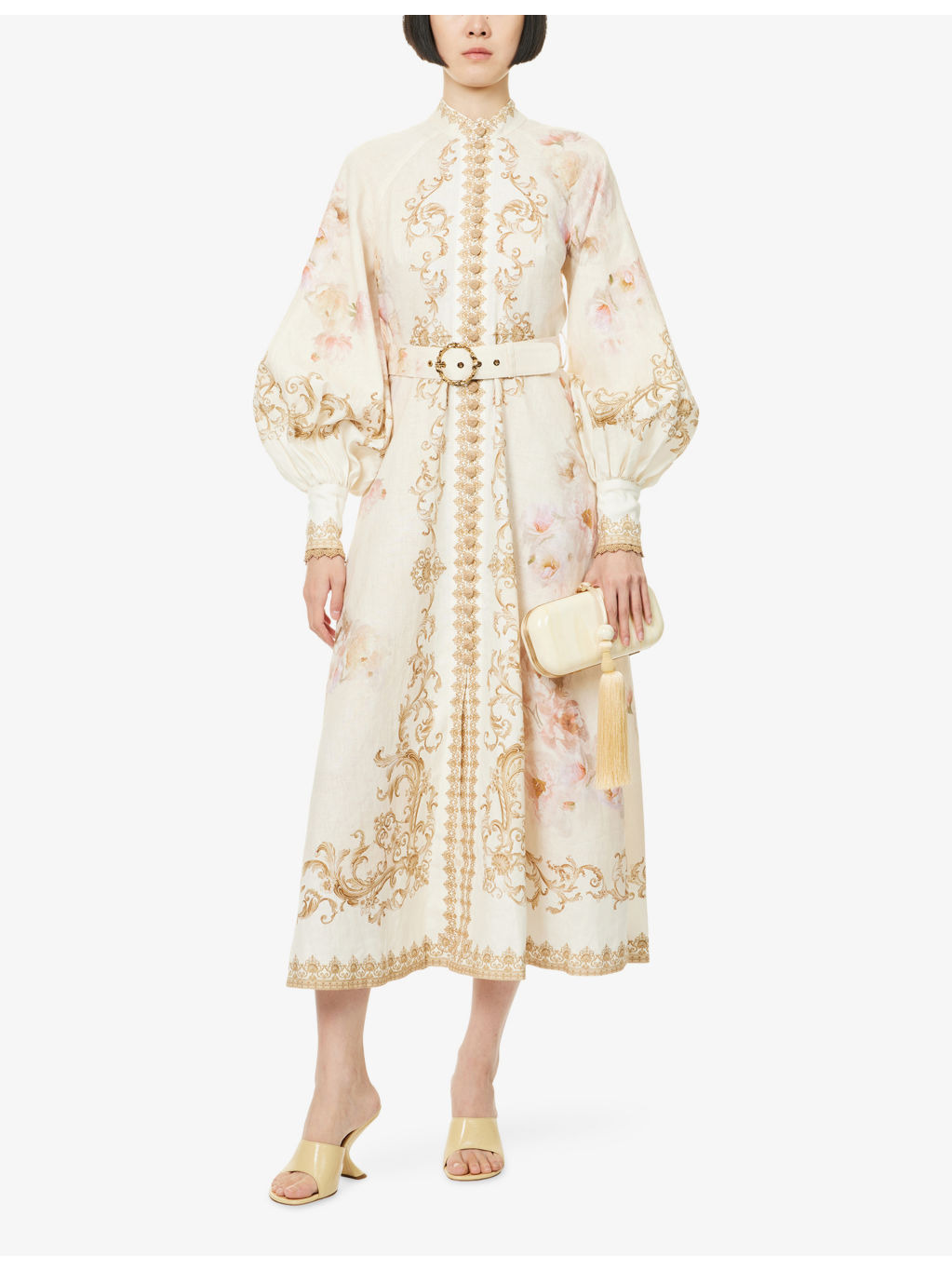 Printed Silk-Belt Buttoned Linen Midi Dress - 2