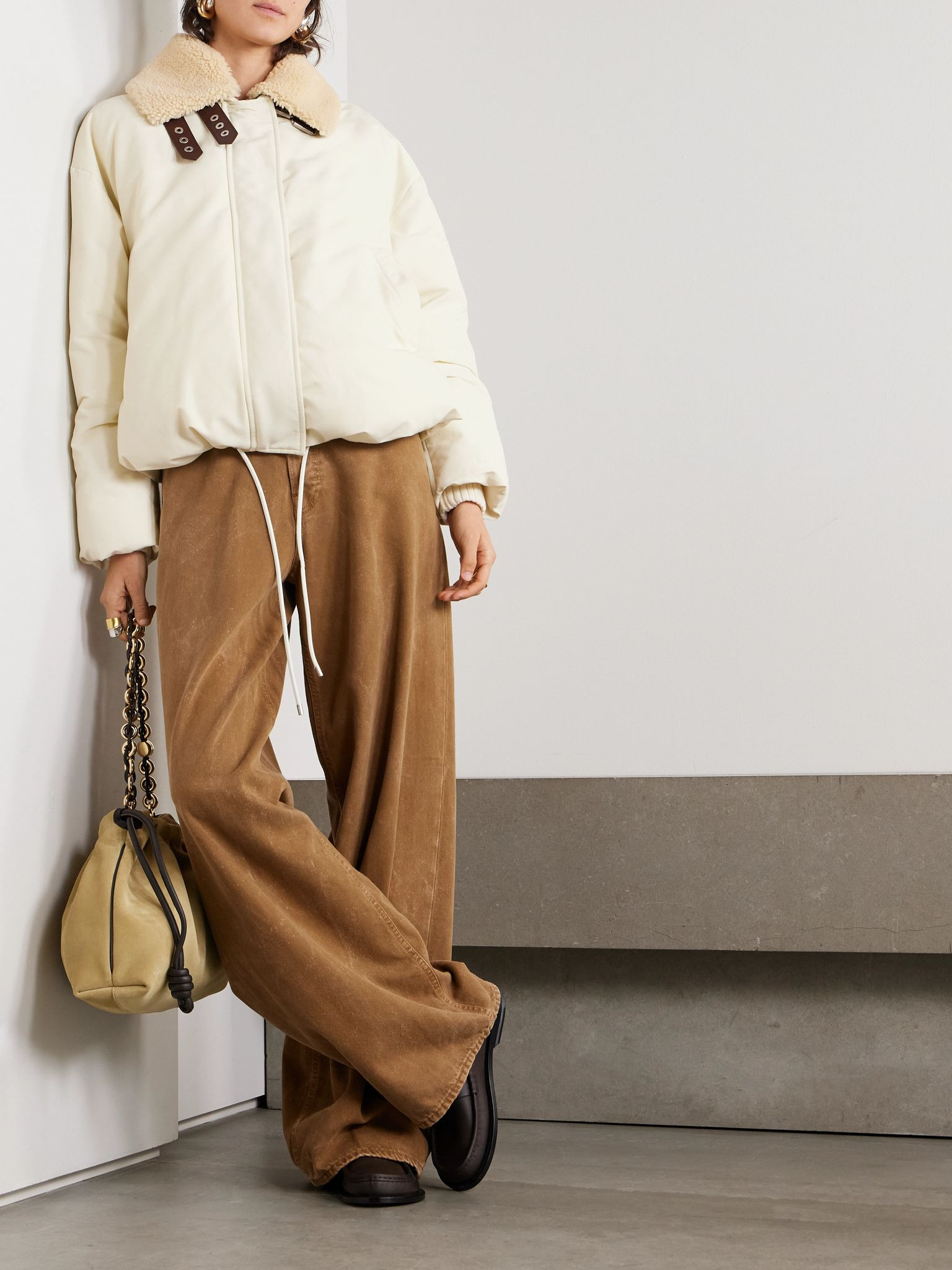 Shearling-trimmed cotton-blend shell jacket Ivory - 2