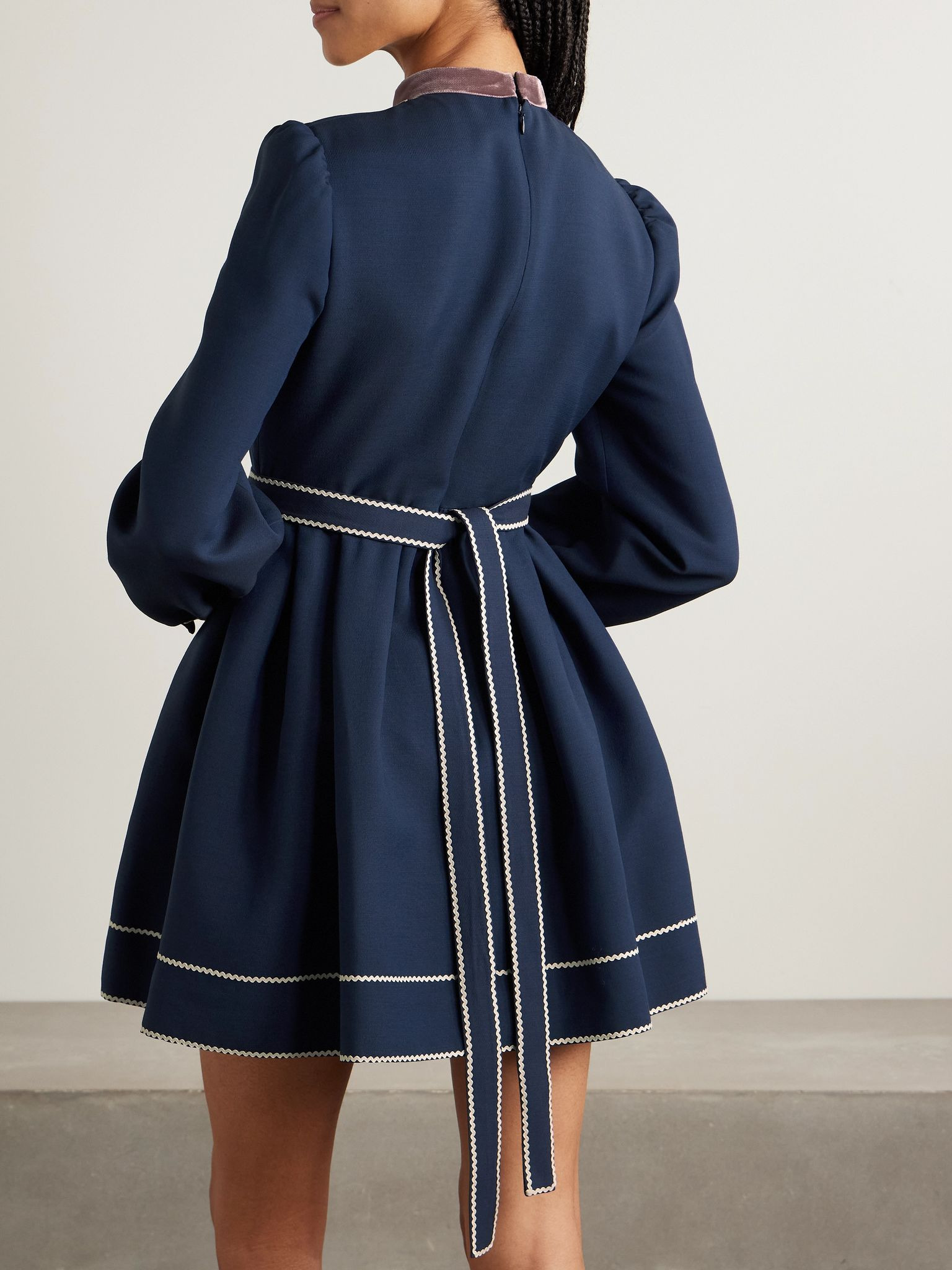 Ricrac, georgette and velvet-trimmed wool and silk-blend mini dress Navy - 3