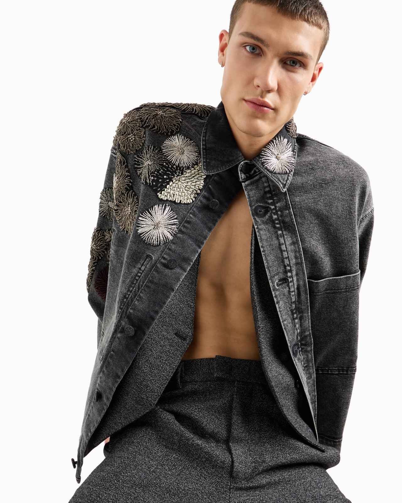 GARMENT-TREATED DENIM JACKET WITH METALLIC NAUTICAL EMBROIDERY - 6