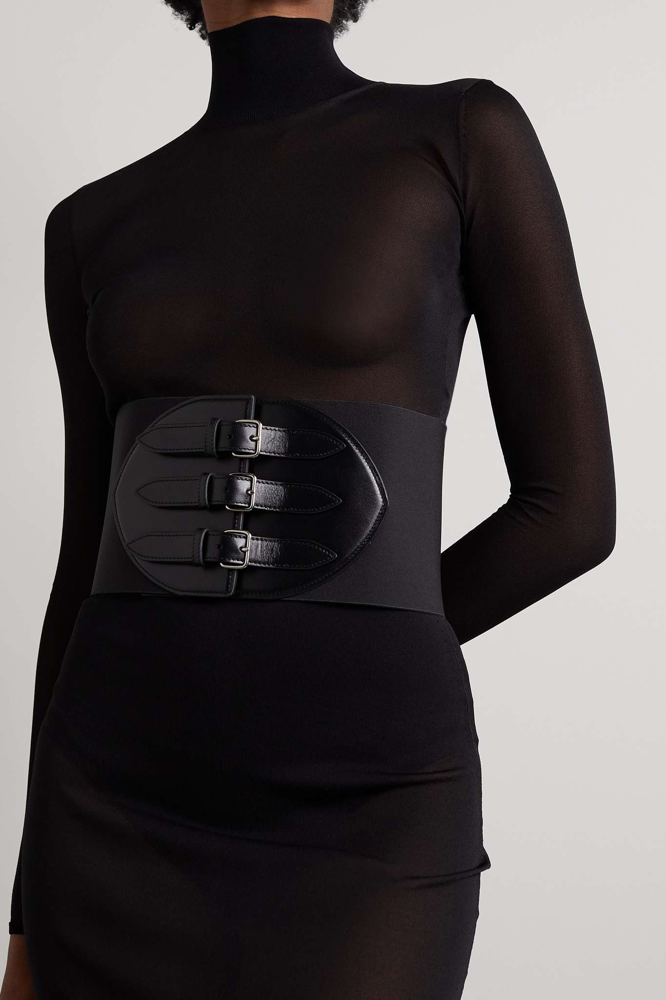 Leather-trimmed stretch-webbing waist belt - 2