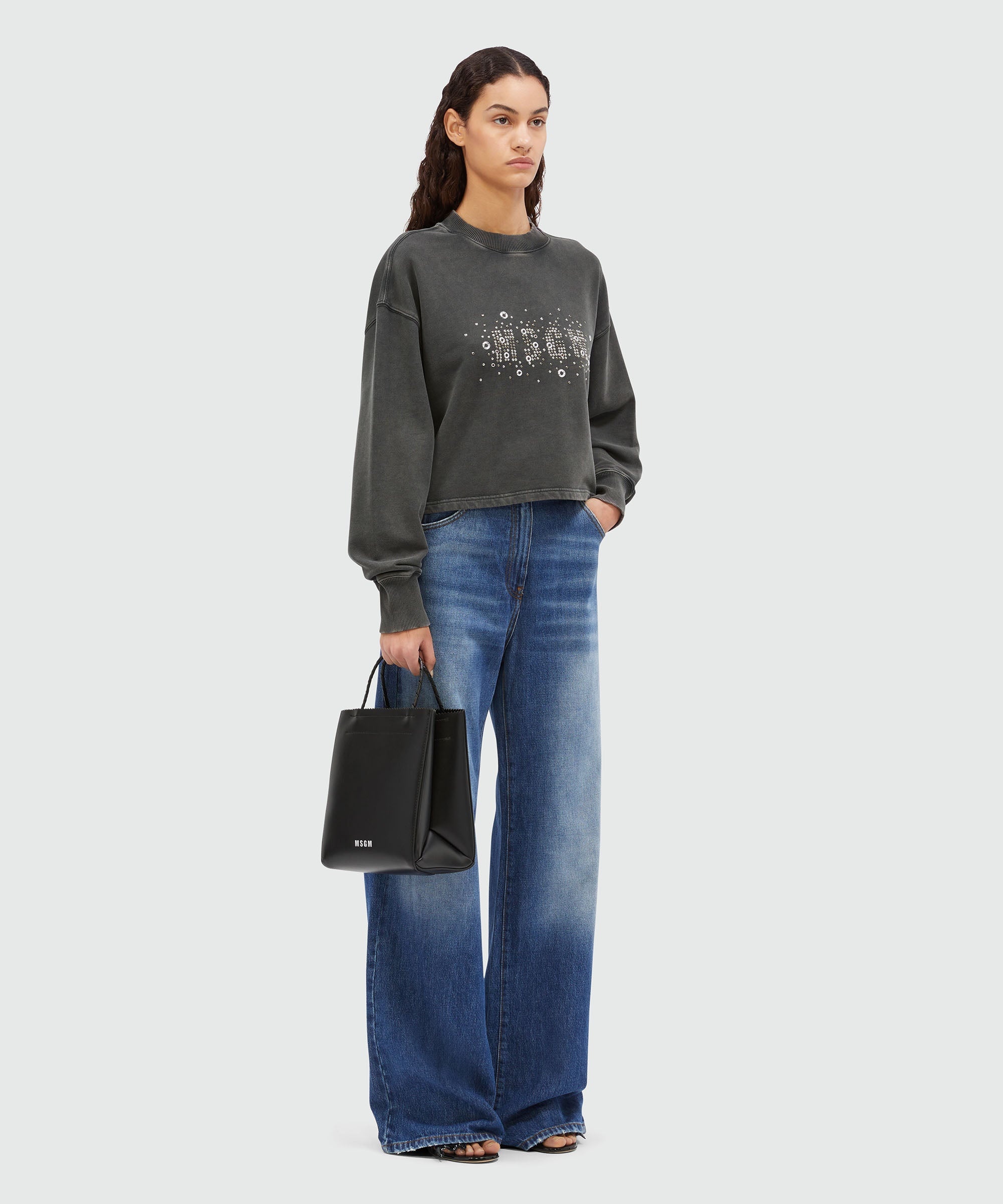 Pre-washed effect crop sweatshirt with studs - 4