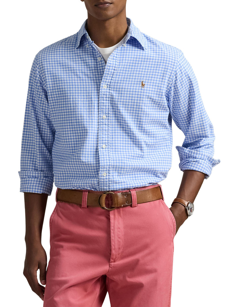 Men's Logo-Embroidered Gingham Cotton Oxford Shirt - Light Blue White 3