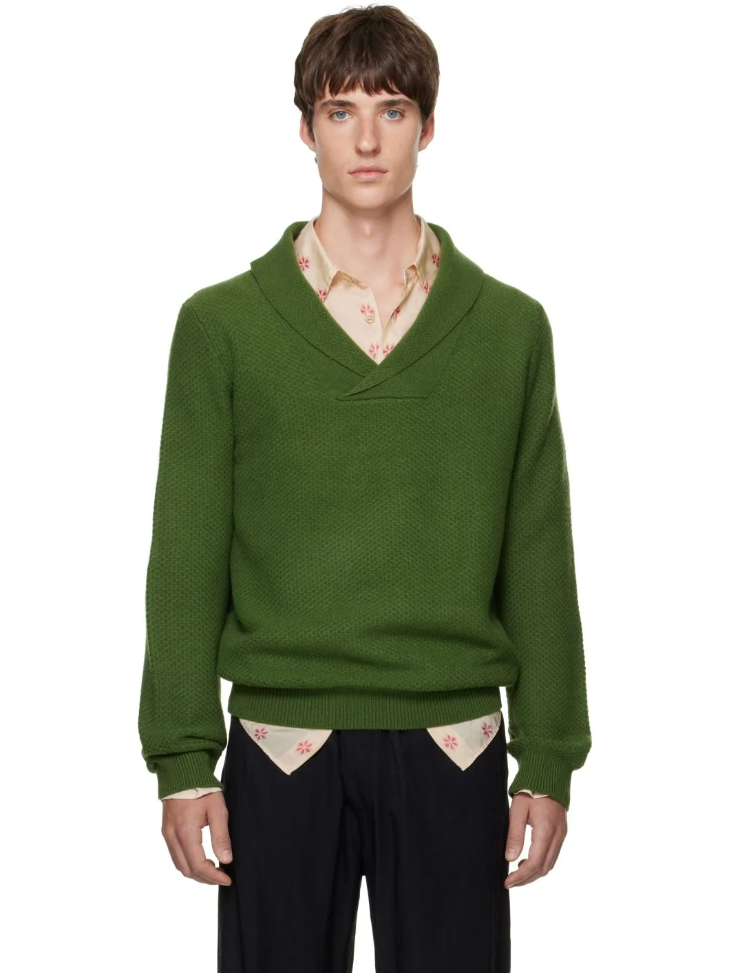Green Shawl Collar Knit Sweater - 1