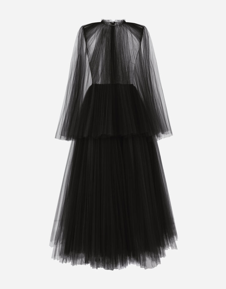 Tulle calf-length dress with sunray pleats and cape detail - 3