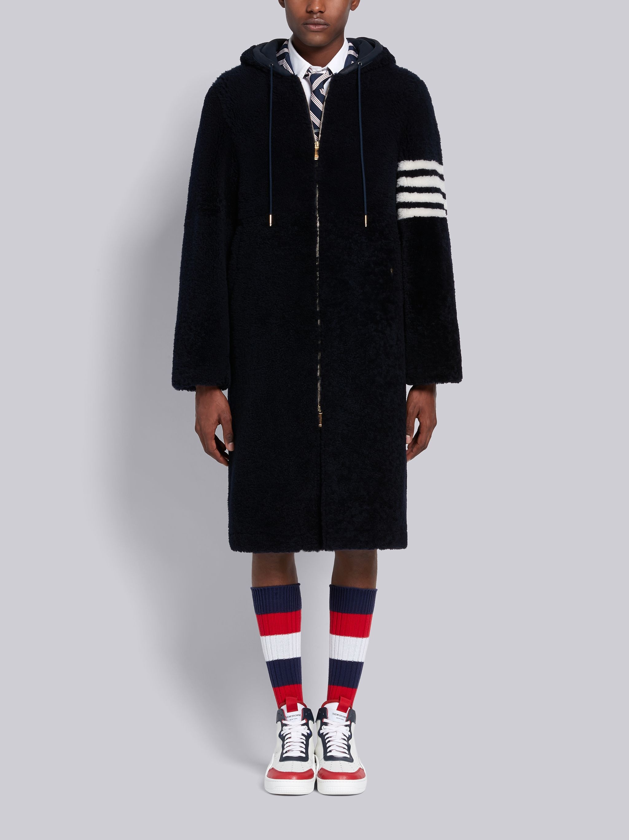 Navy Dyed Shearling 4-Bar Hooded Zip-up Swim Parka - 1