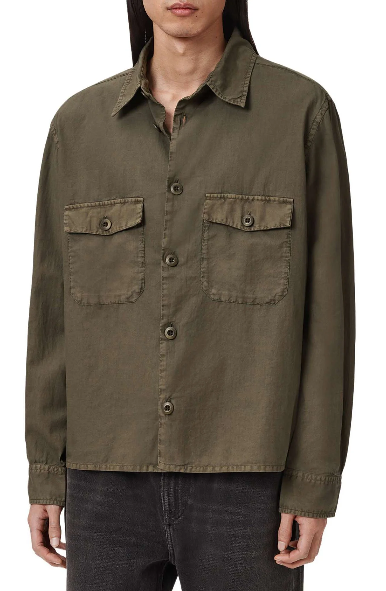 AllSaints Strand Button-Up Shirt in Mangrove Green at Nordstrom - 1