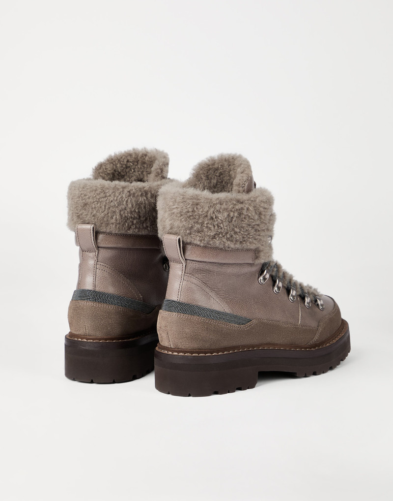 Brunello Cucinelli Classic leather mountain boots with fuzzy shearling lining and precious contour outlook
