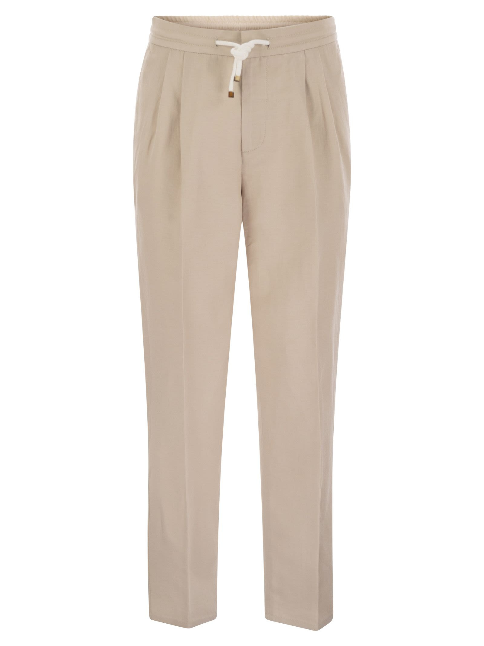 Brunello Cucinelli Men Leisure Fit Trousers In Linen And Cotton Gabardine With Drawstring And Double - 1