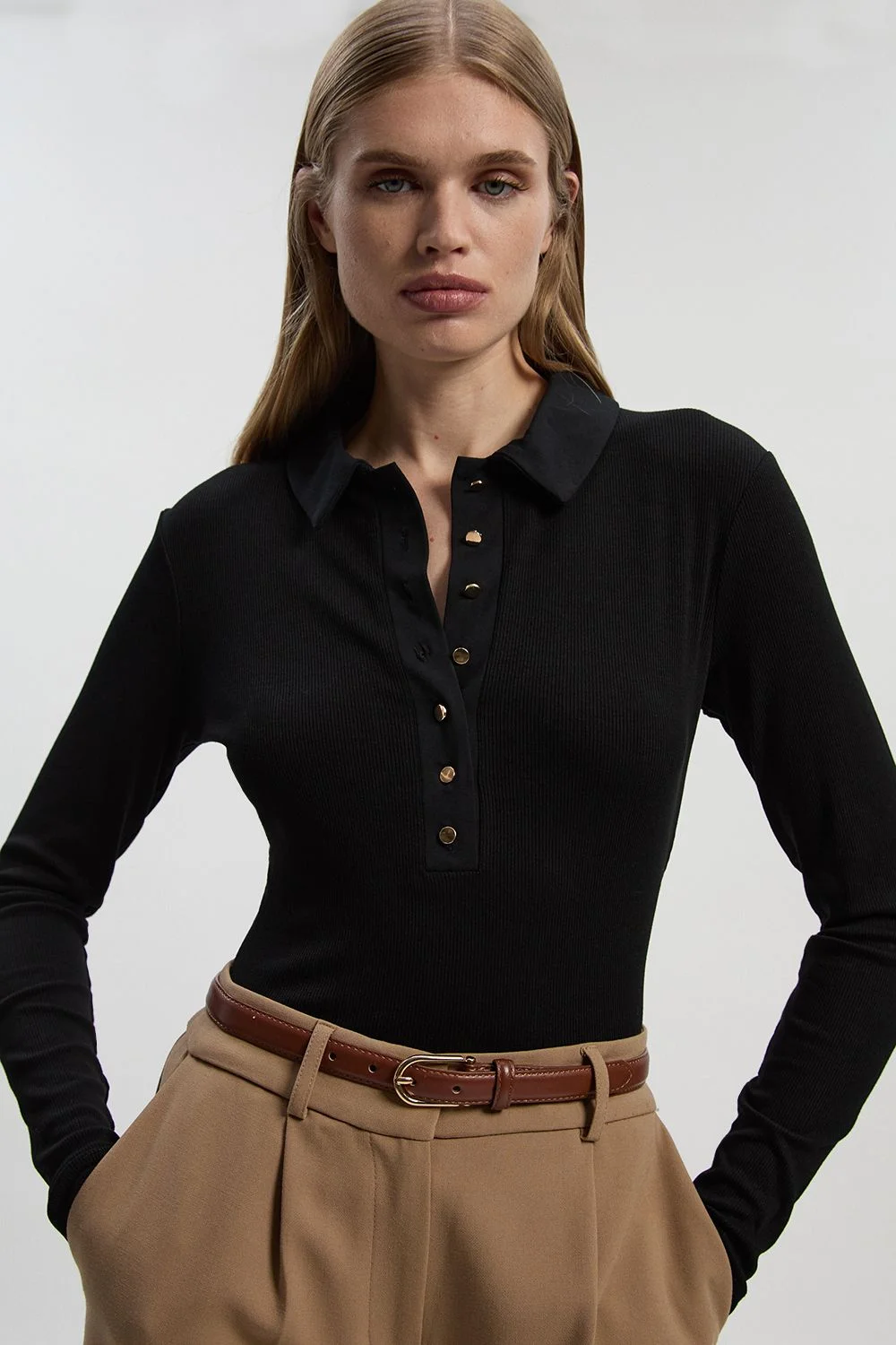 Viscose Rib Jersey Long Sleeve Collared Button Top - 1