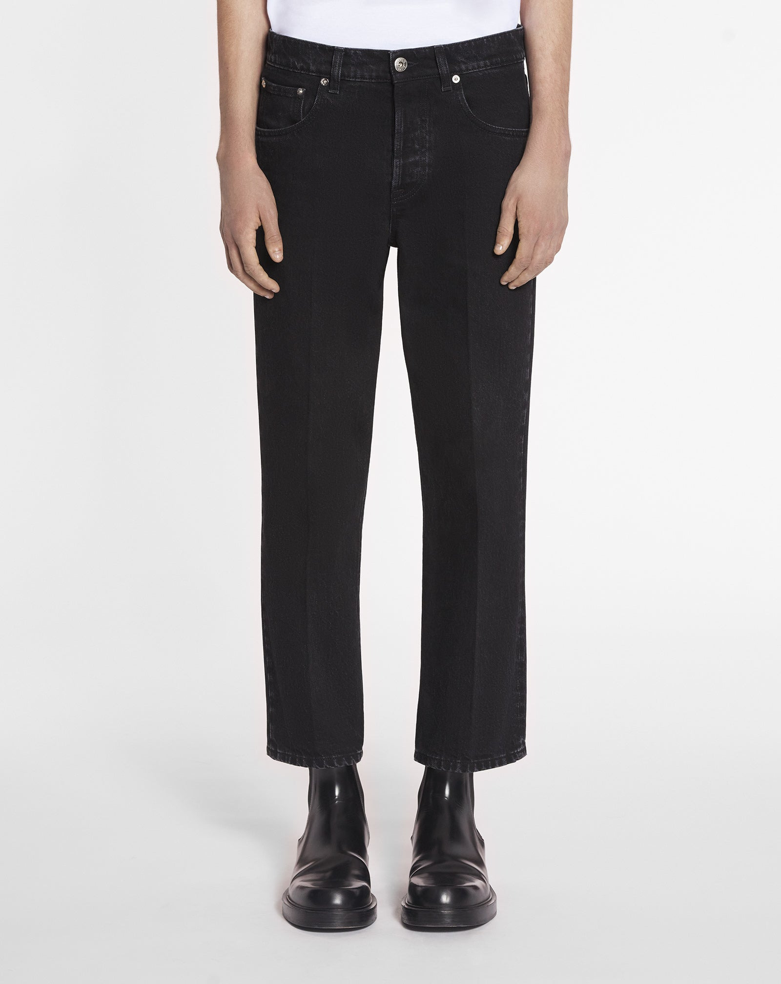 STRAIGHT LEATHER PATCH PANTS IN DENIM - 3