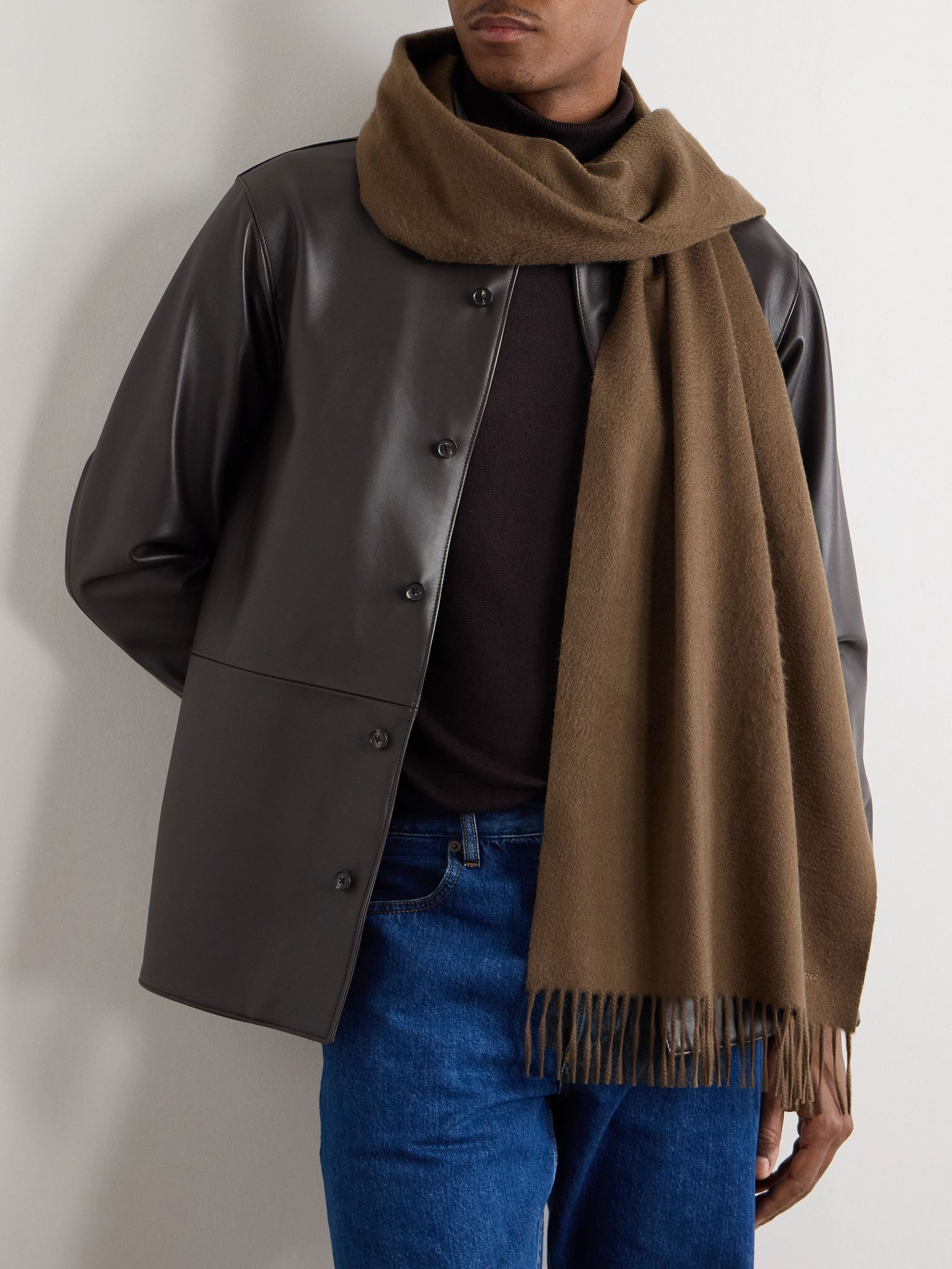 Logo-Embroidered Fringed Cashmere Scarf Brown - 2