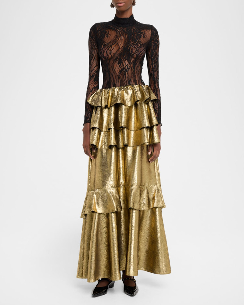 AKNVAS Vilhelmine Metallic Tiered Maxi Skirt outlook
