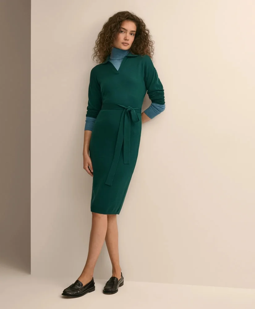 Merino Wool Belted Dolman-Sleeve Dress - 1