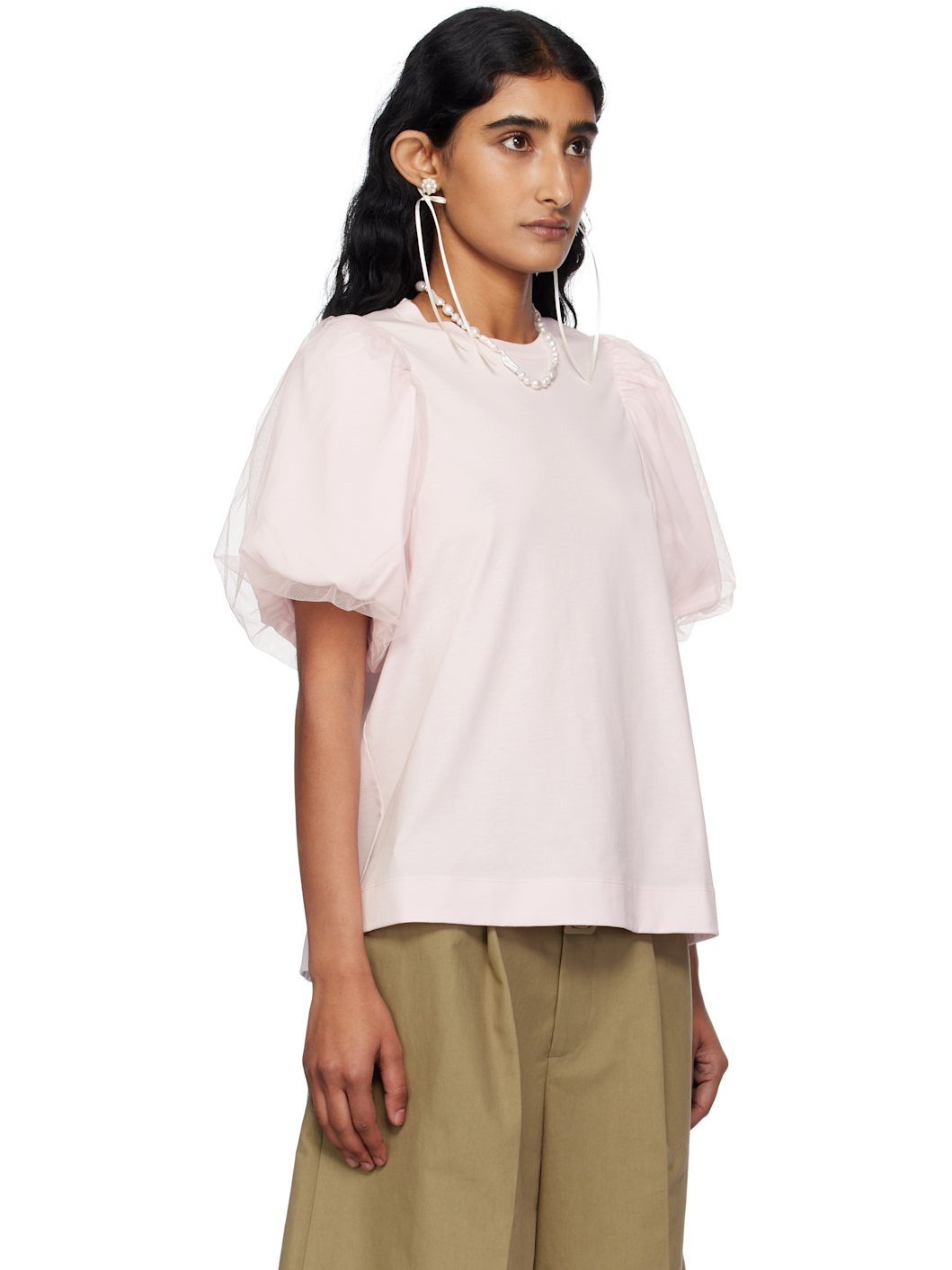 Pink Tulle Overlay Puff Sleeve T-shirt - 2