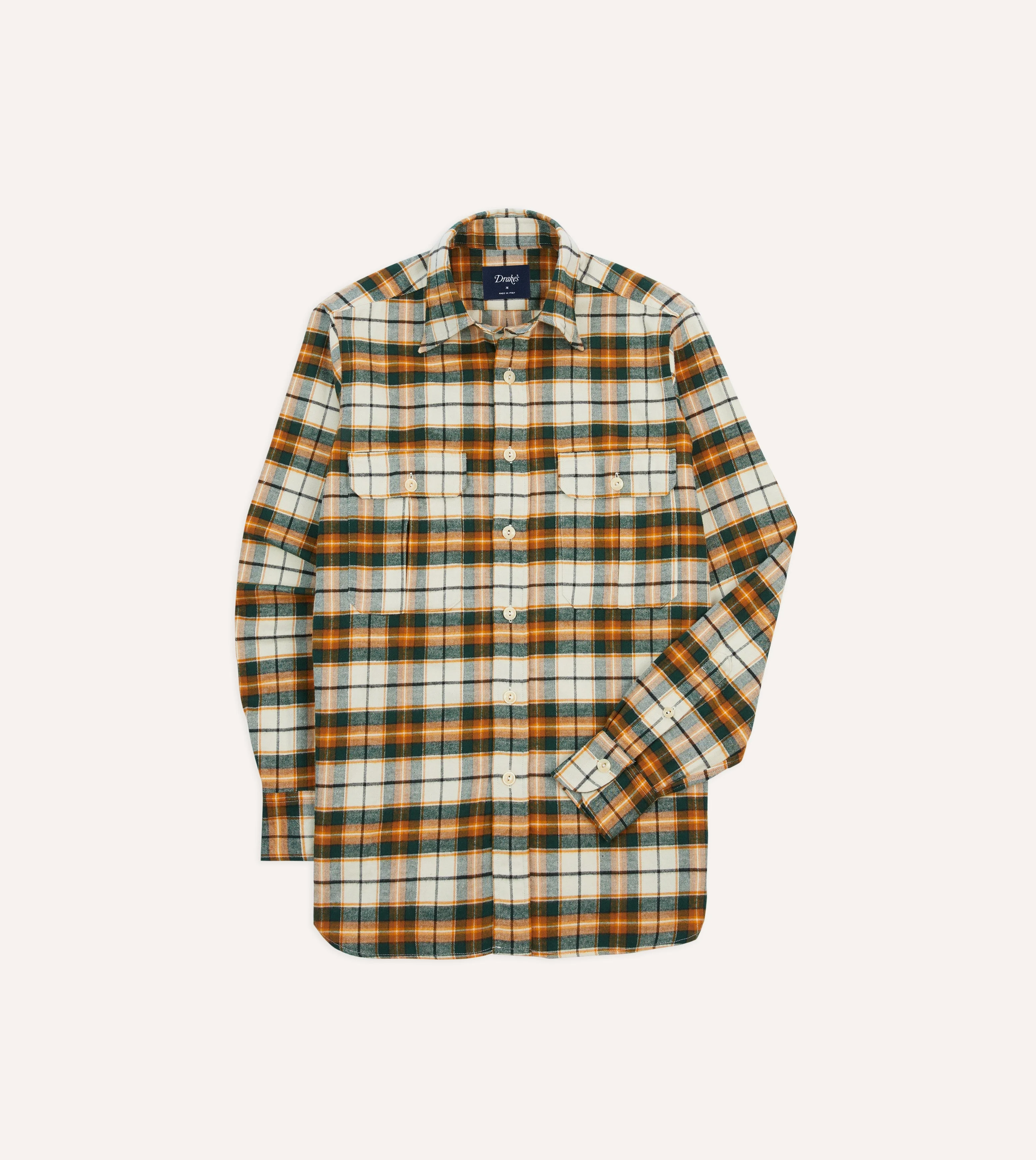 Ecru and Orange Check Cotton Two-Pocket Work Shirt - 1