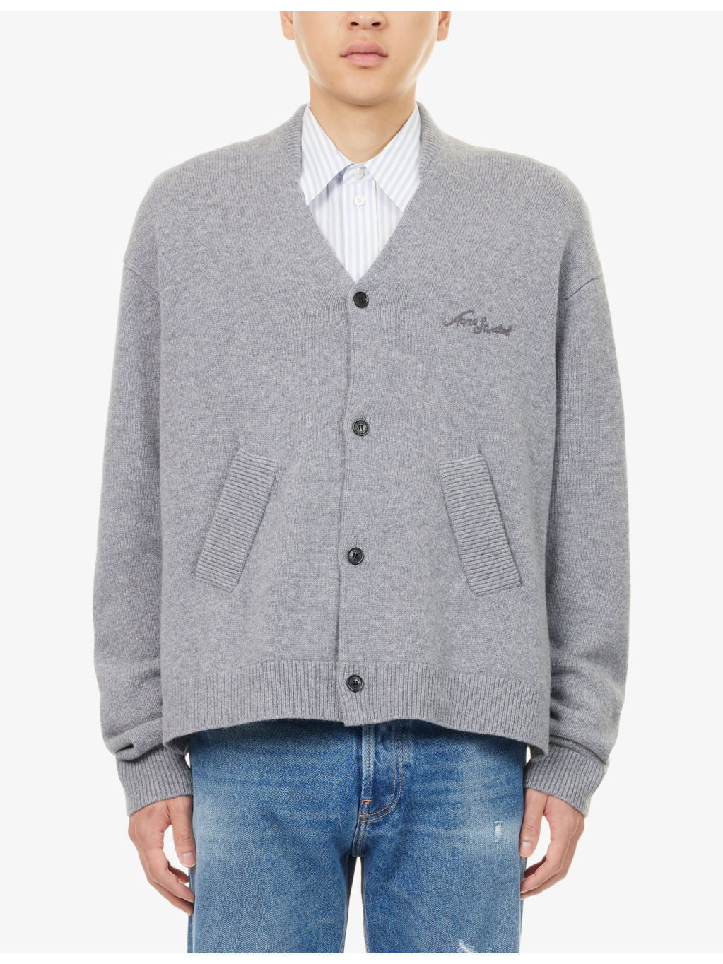 V-Neck Embroidered-Logo Wool Cardigan - 3