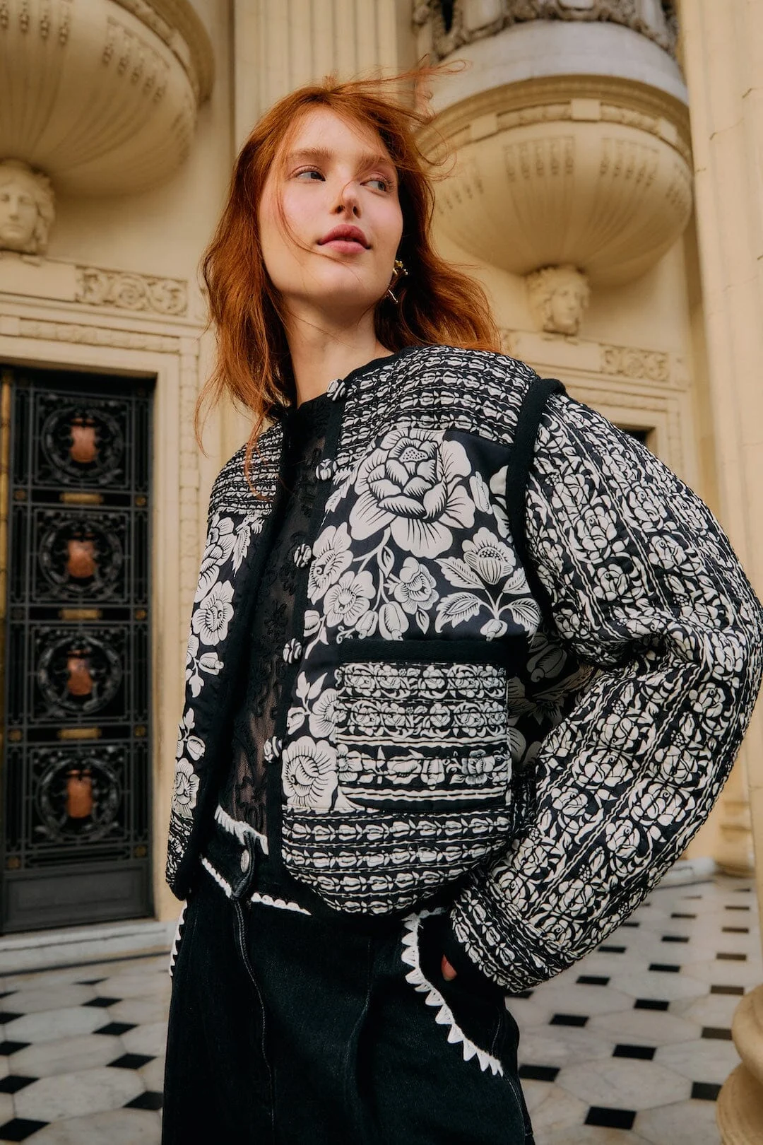 Black Cashews And Birds Seam Padded Jacket - 1