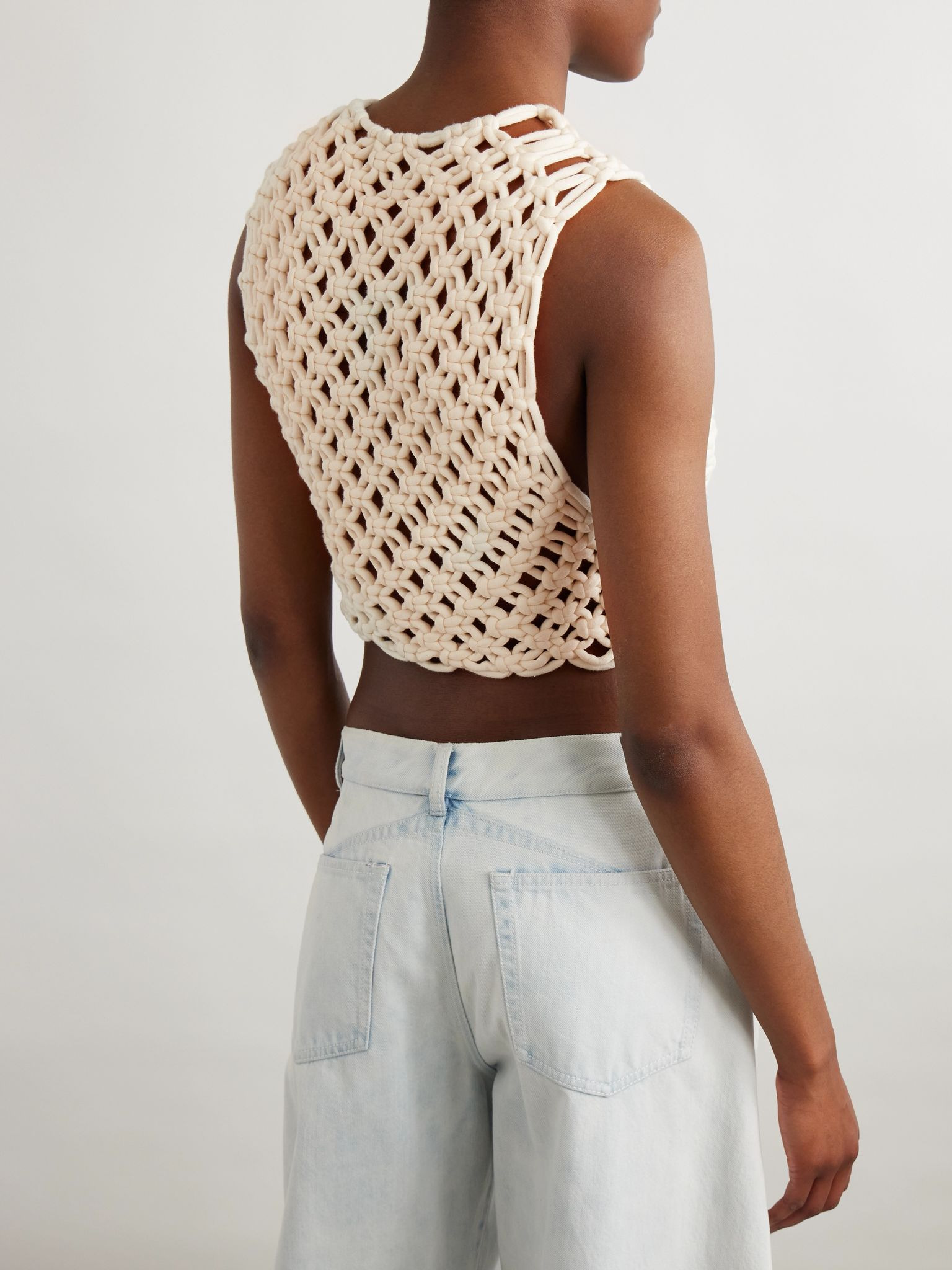 Cropped open-knit cotton-blend tank Neutral - 3