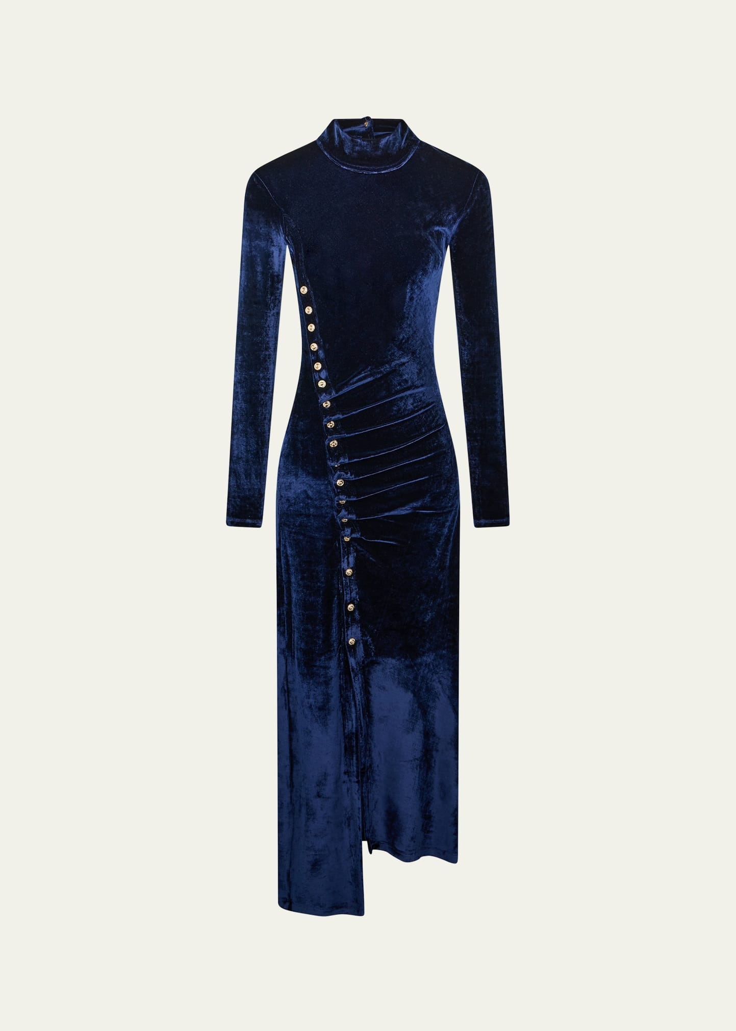 Mock-Neck Asymmetric Ruched Velvet Midi Dress - 1