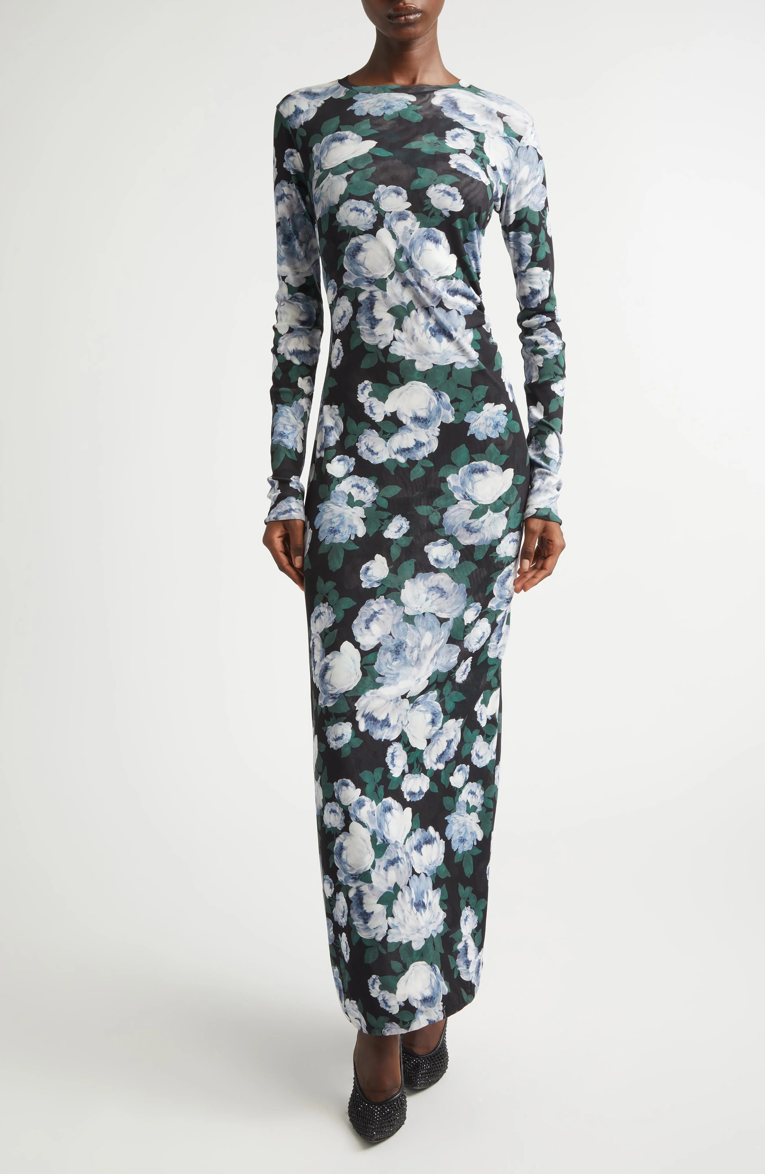 Stella McCartney Bunch of Roses Long Sleeve Mesh Maxi Dress in Black Multicolor at Nordstrom - 1