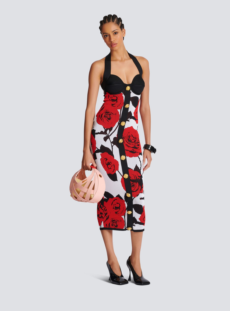 Balmain Halterneck dress in Red Roses jacquard knit outlook