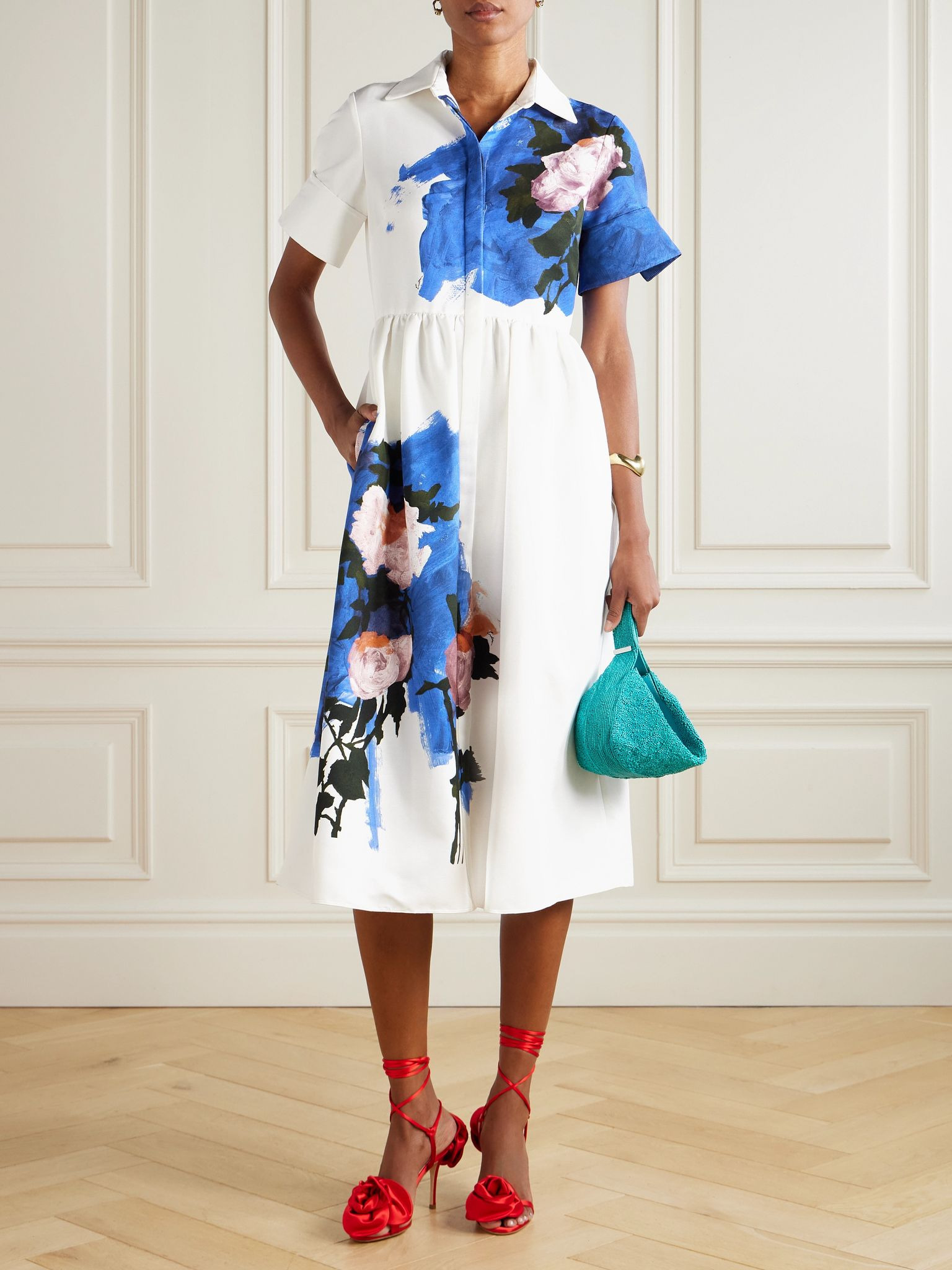 Gathered floral-print cotton-blend faille midi dress Blue - 2