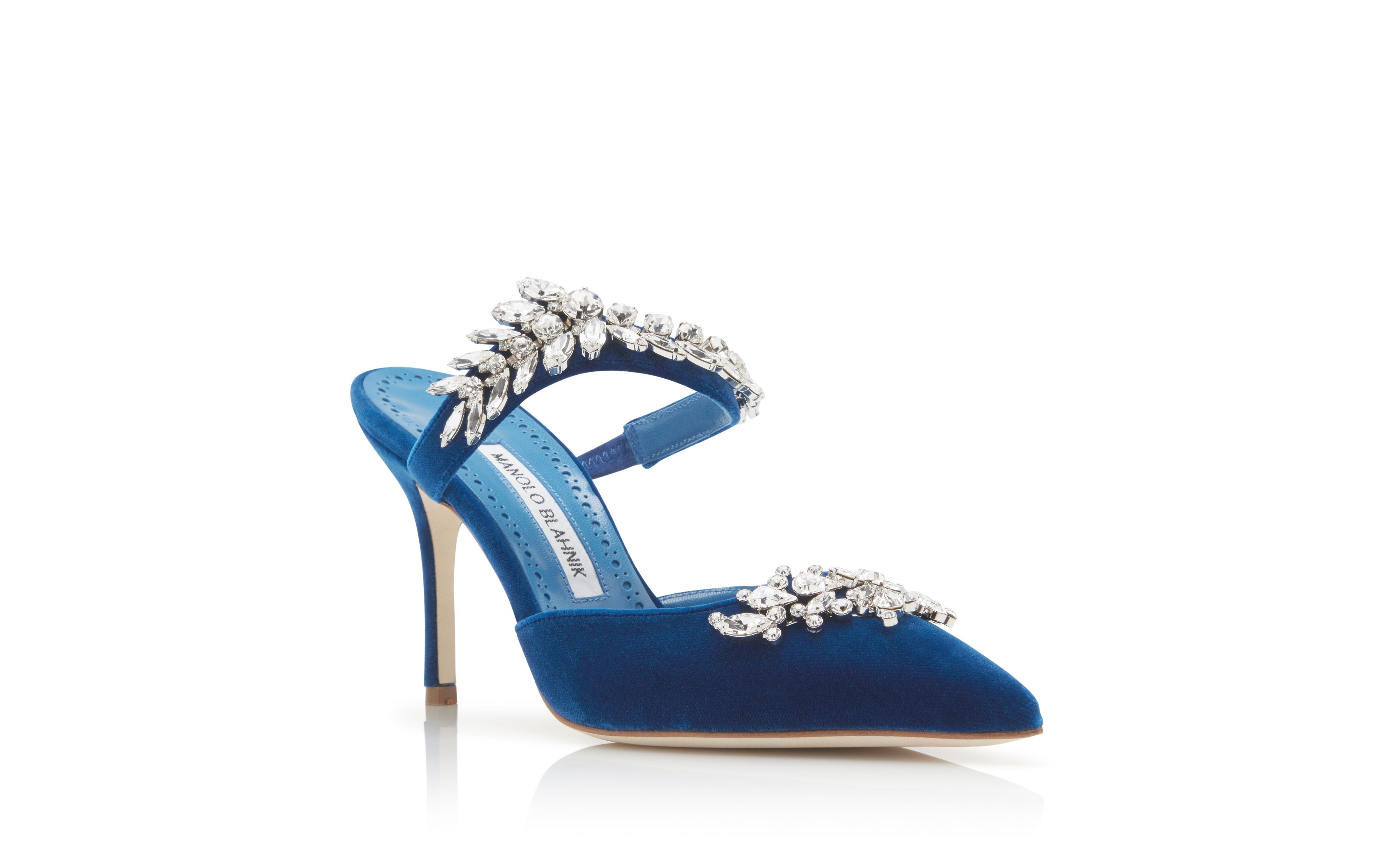 Bright Blue Velvet Crystal Embellished Mules - 3