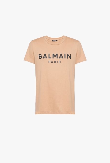 Nude eco-designed cotton T-shirt with black Balmain Paris logo print - 1