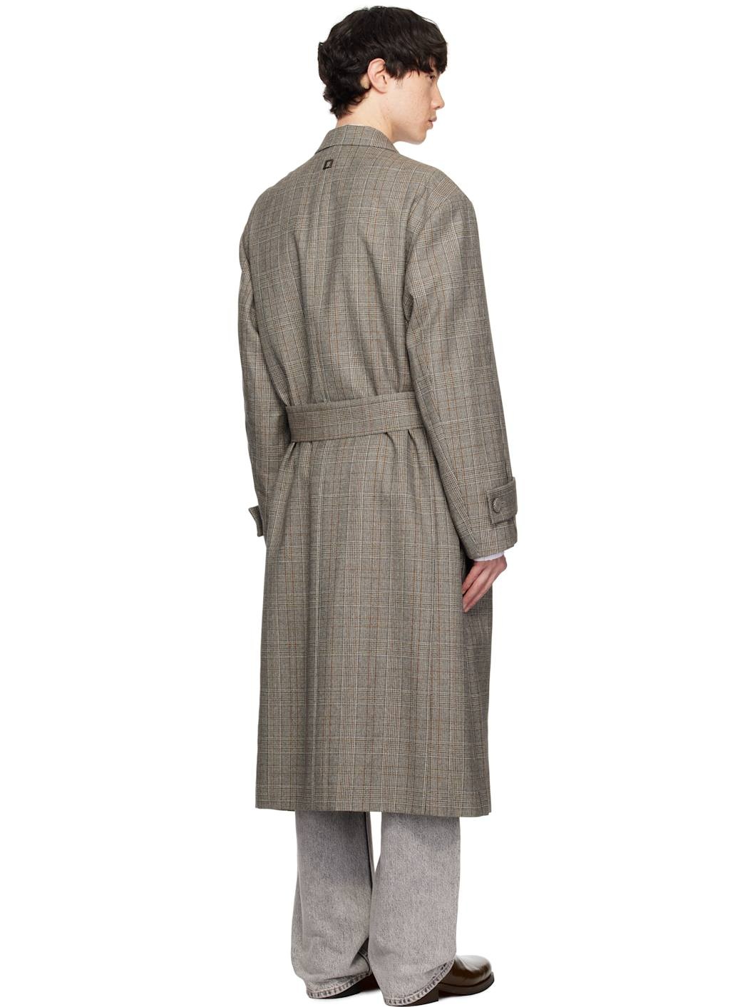 Beige Check Belted Single Coat - 3