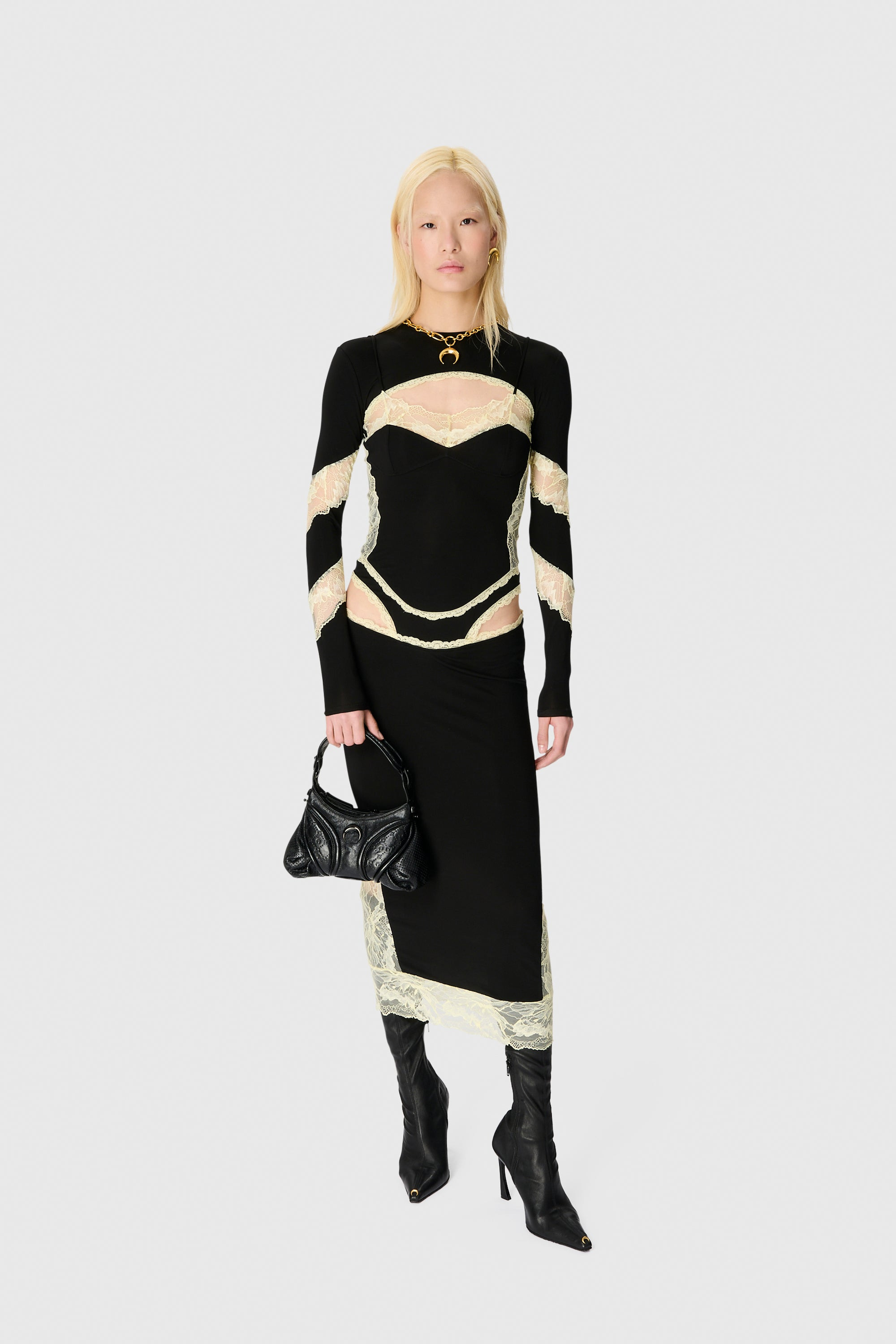 DRAPED JERSEY & LACE LS LONG DRESS - 2