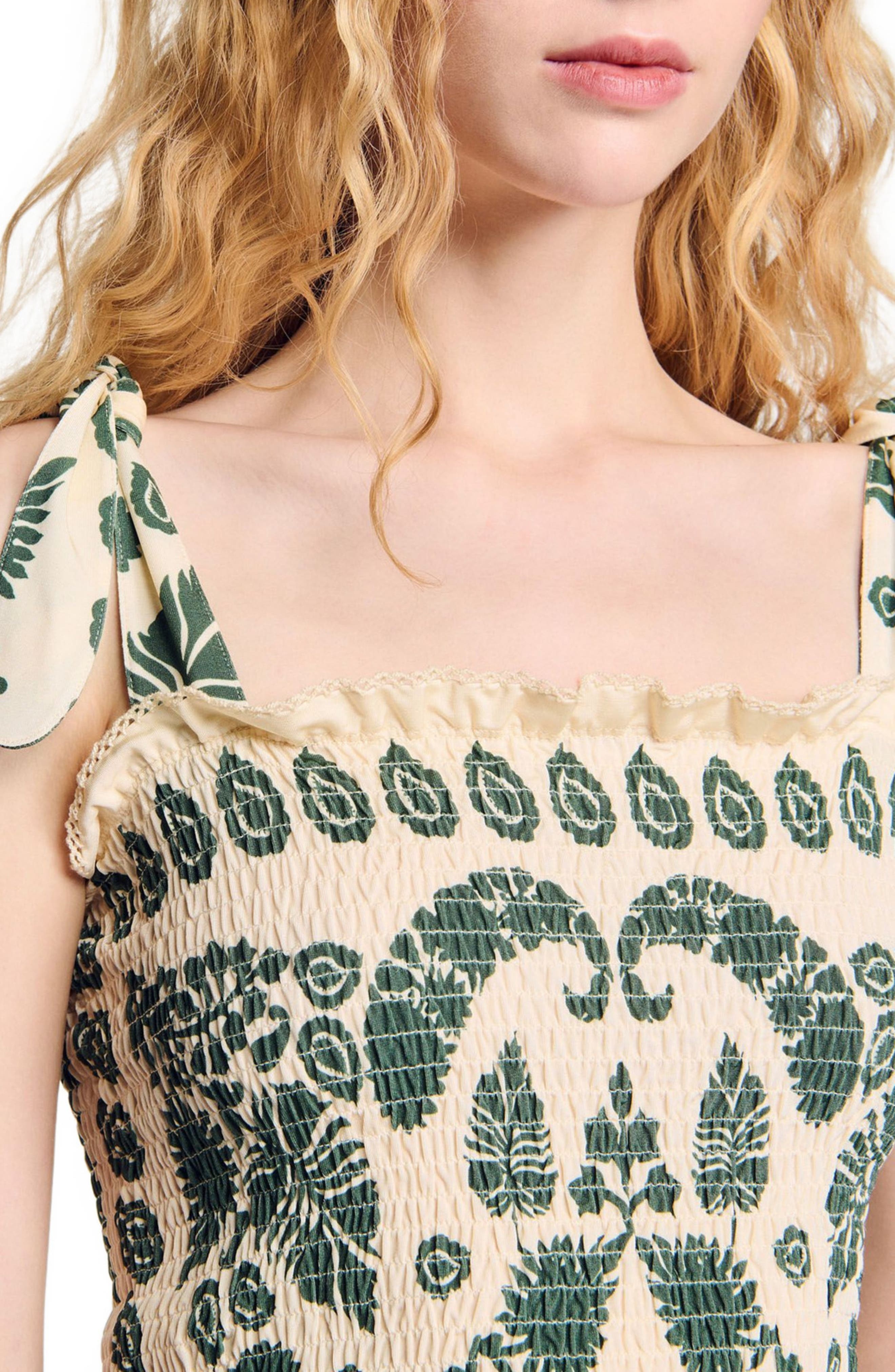 SANDRO Floral motif smocked top in Ecru /Green at Nordstrom - 4
