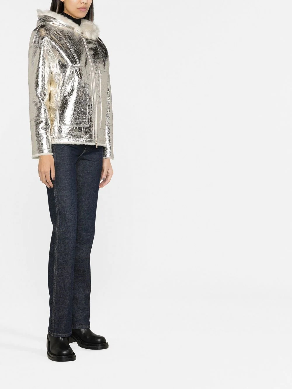 metallic-effect zip-up leather jacket - 3