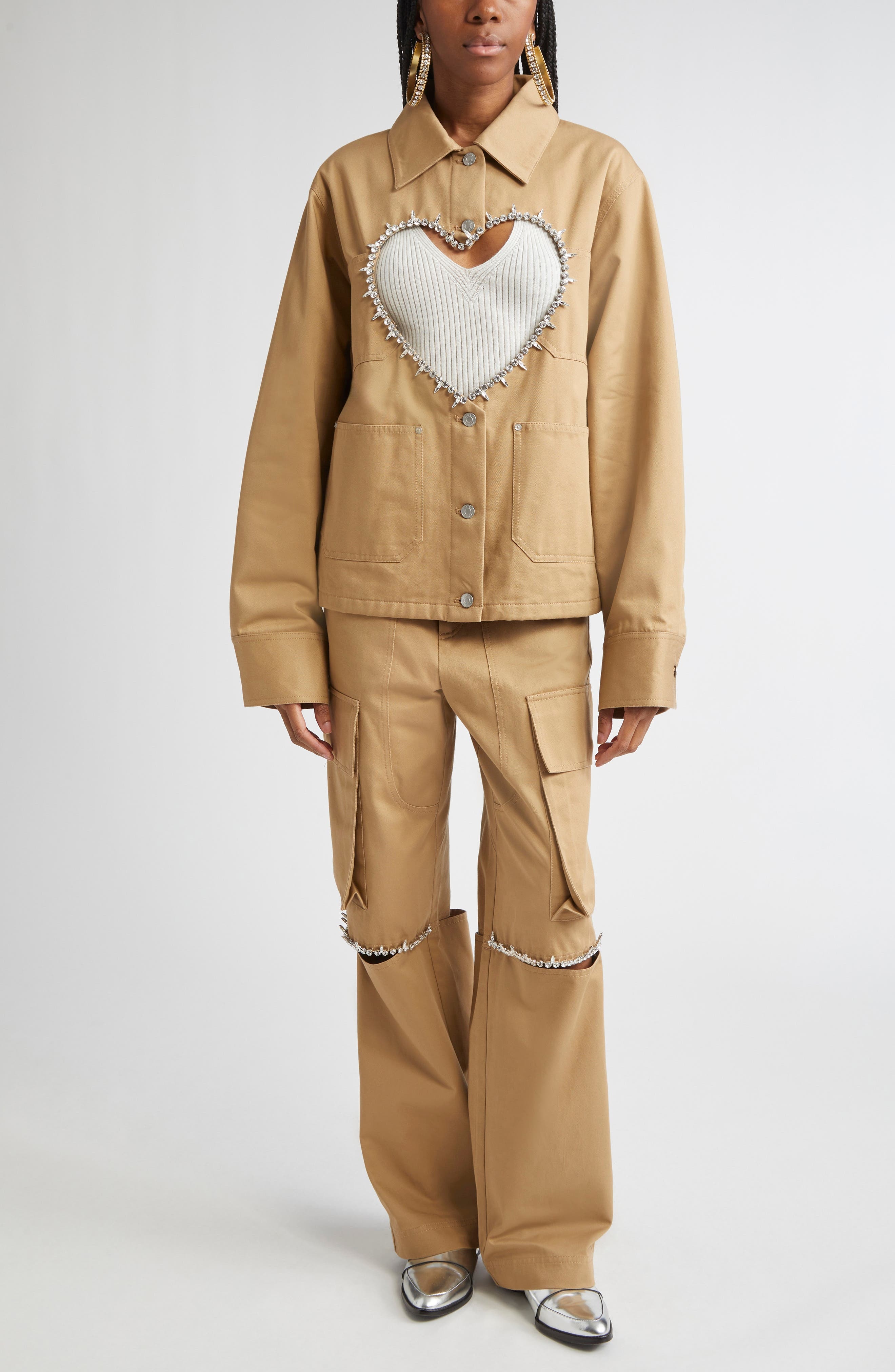 Area Crystal Trim Heart Cutout Cargo Jacket in Tan at Nordstrom - 2